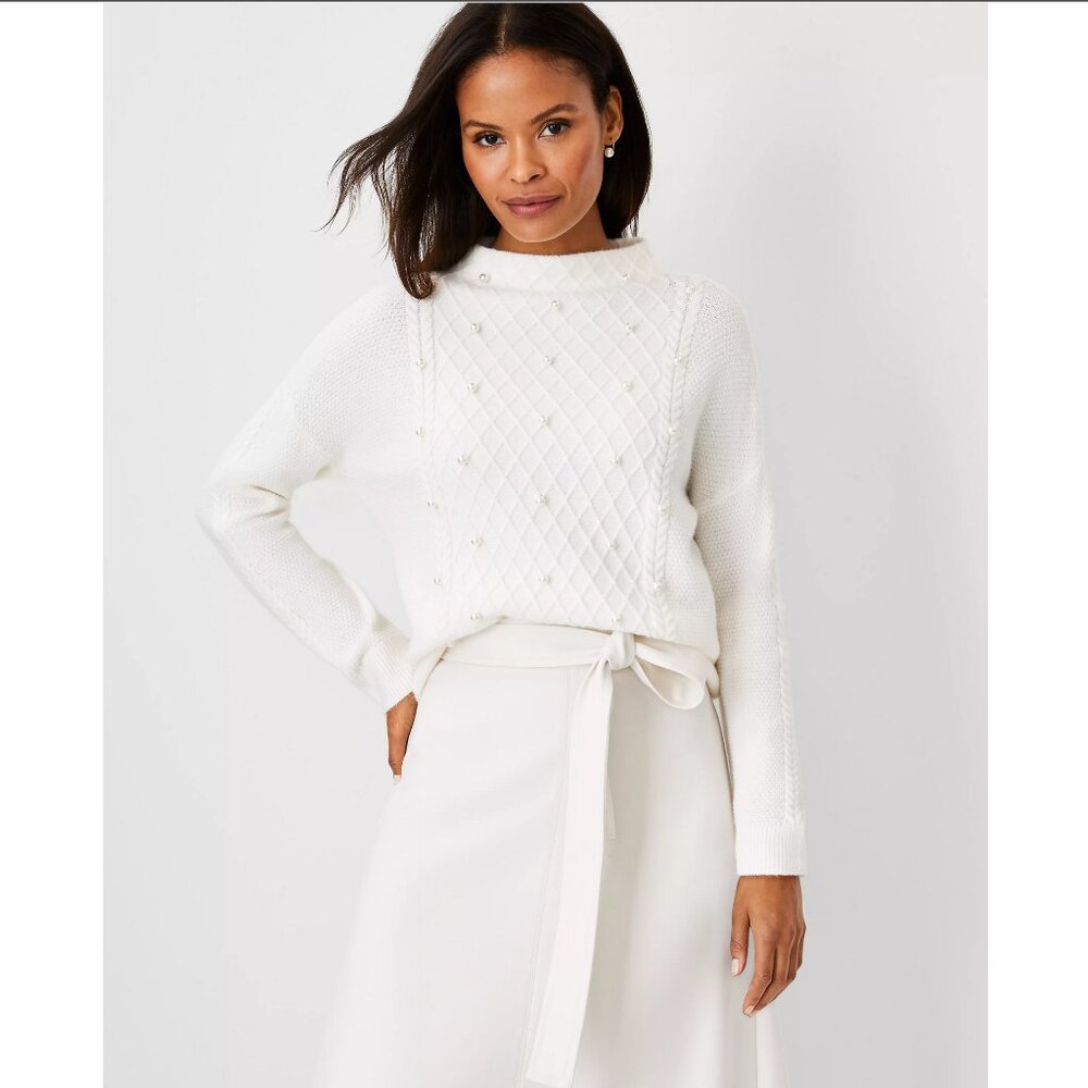 ANN TAYLOR Ivory White Pearlized Mock Neck Cable Sweater Size Small
